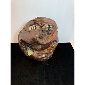 Hand Carved Burl Wood Spirit Face Sculpture Signed Folk Art Woodland Decor